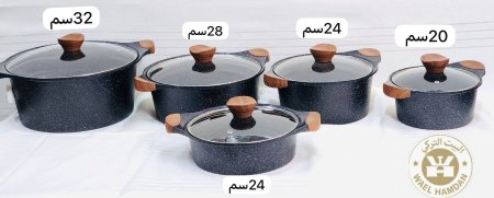 طقم طناجر جرانيت أسود يد خشبي وغطاء زجاجي بعدة أحجام مع مقلى